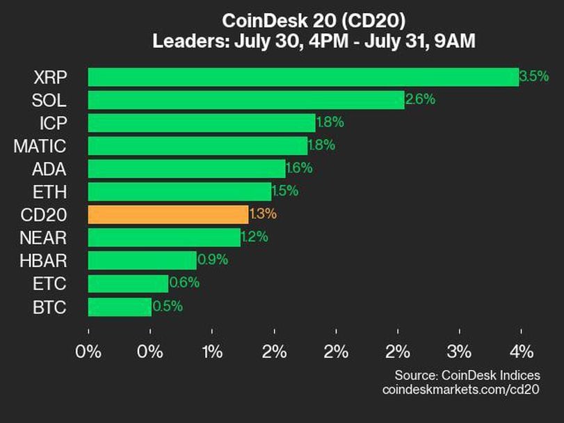 CoinDesk 20 Performance Update: XRP and SOL Outperform as Index Climbs 1.3%